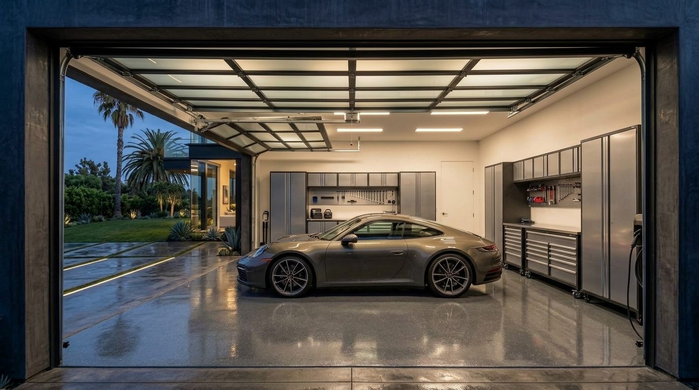 Balfour Garage Door Services Interior View of Custom Garage Door Overhead and Workshop